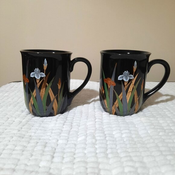 Otagiri - Vintage Iris Mug/Cup Pair - Black and Gold Trim - Picture 1 of 7